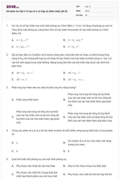 Đề kiểm tra Vật lí 12 học kì 2 có đáp án (Mới nhất) (Đề 8)