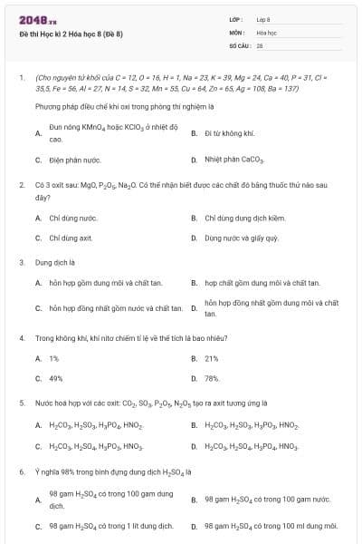 Đề thi Học kì 2 Hóa học 8 (Đề 8)