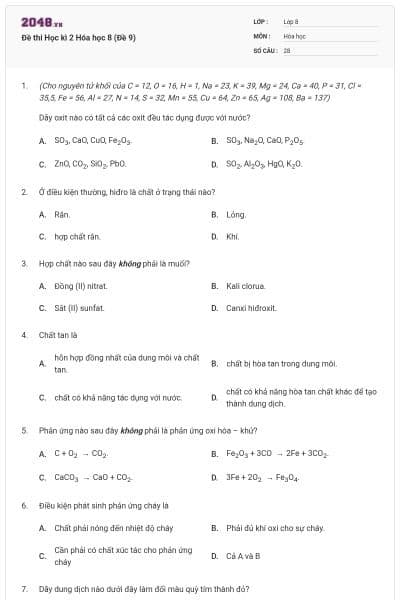 Đề thi Học kì 2 Hóa học 8 (Đề 9)