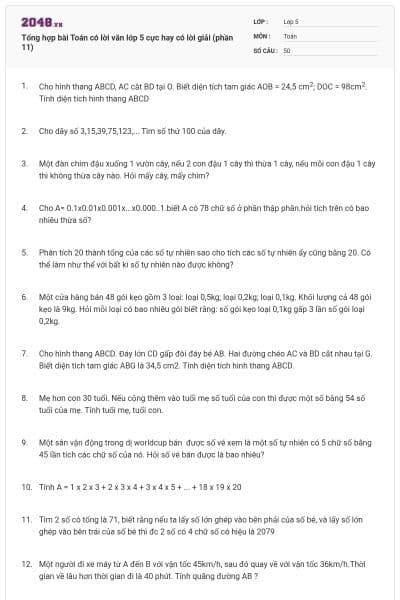 Tổng hợp bài Toán có lời văn lớp 5 cực hay có lời giải (phần 11)