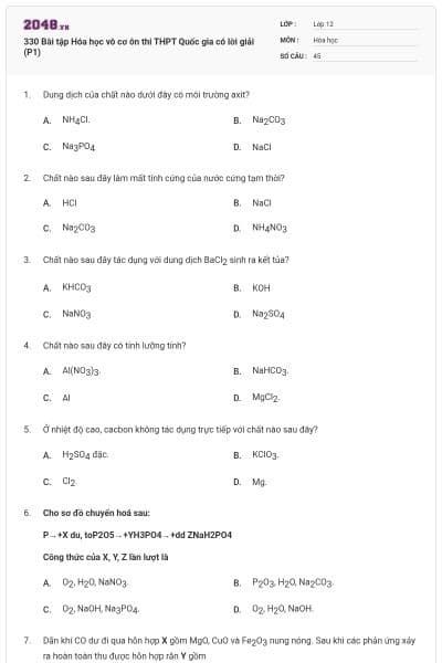330 Bài tập Hóa học vô cơ ôn thi THPT Quốc gia có lời giải (P1)