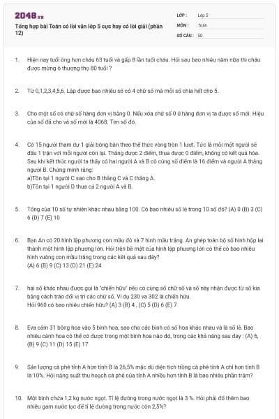 Tổng hợp bài Toán có lời văn lớp 5 cực hay có lời giải (phần 12)