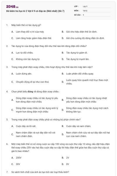 Đề kiểm tra học kì 2 Vật lí 9 có đáp án (Mới nhất) (Đề 7)