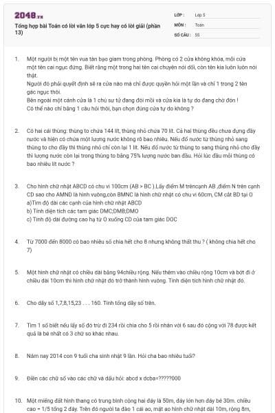 Tổng hợp bài Toán có lời văn lớp 5 cực hay có lời giải (phần 13)