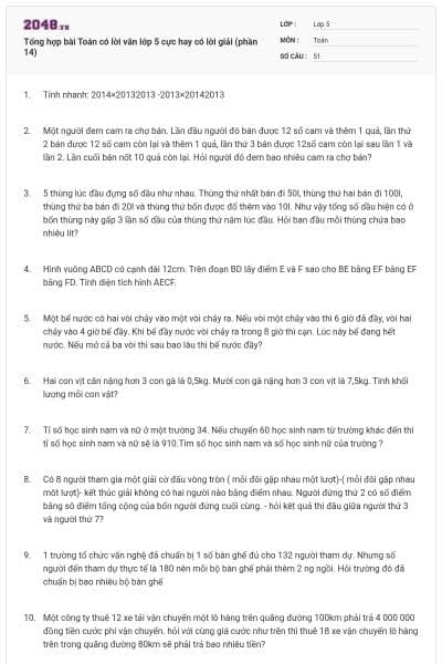 Tổng hợp bài Toán có lời văn lớp 5 cực hay có lời giải (phần 14)