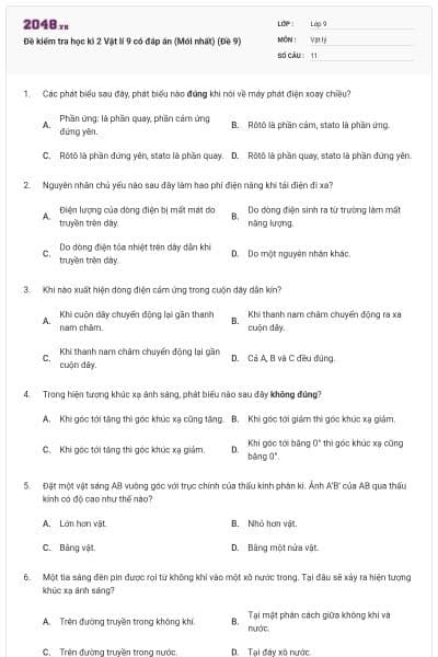 Đề kiểm tra học kì 2 Vật lí 9 có đáp án (Mới nhất) (Đề 9)