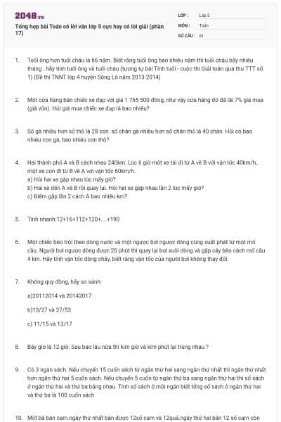 Tổng hợp bài Toán có lời văn lớp 5 cực hay có lời giải (phần 17)