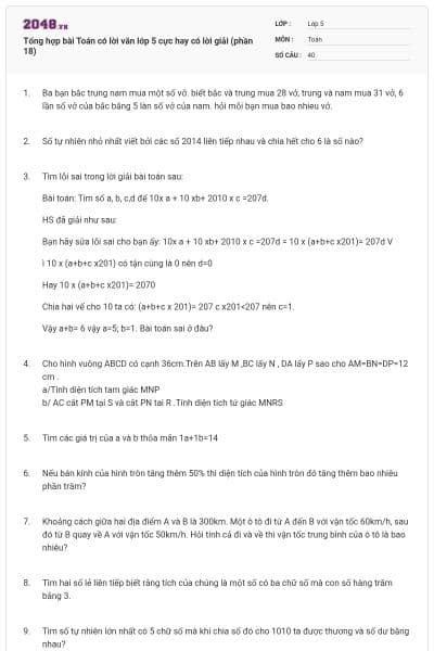 Tổng hợp bài Toán có lời văn lớp 5 cực hay có lời giải (phần 18)