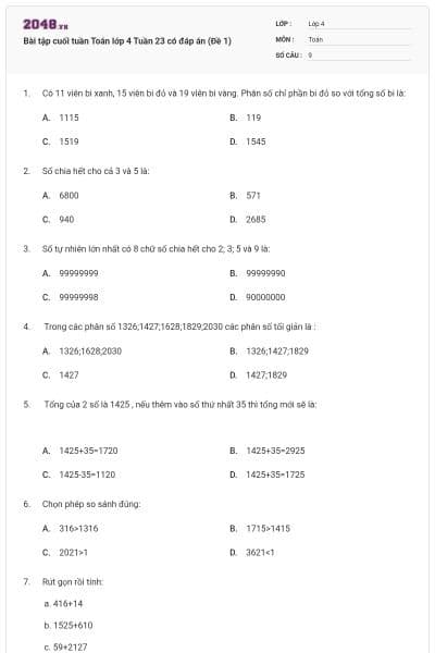 Bài tập cuối tuần Toán lớp 4 Tuần 23 có đáp án (Đề 1)