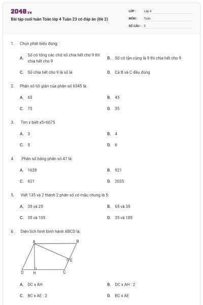 Bài tập cuối tuần Toán lớp 4 Tuần 23 có đáp án (Đề 2)