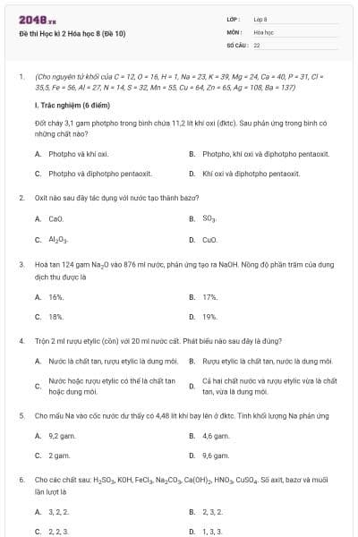 Đề thi Học kì 2 Hóa học 8 (Đề 10)