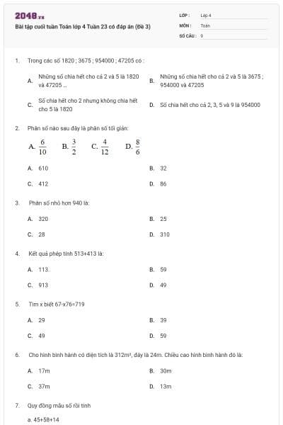 Bài tập cuối tuần Toán lớp 4 Tuần 23 có đáp án (Đề 3)