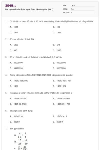 Bài tập cuối tuần Toán lớp 4 Tuần 24 có đáp án (Đề 1)