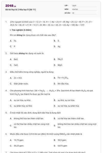 Đề thi Học kì 2 Hóa học 8 (Đề 11)