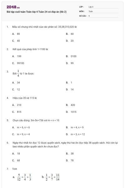 Bài tập cuối tuần Toán lớp 4 Tuần 24 có đáp án (Đề 2)