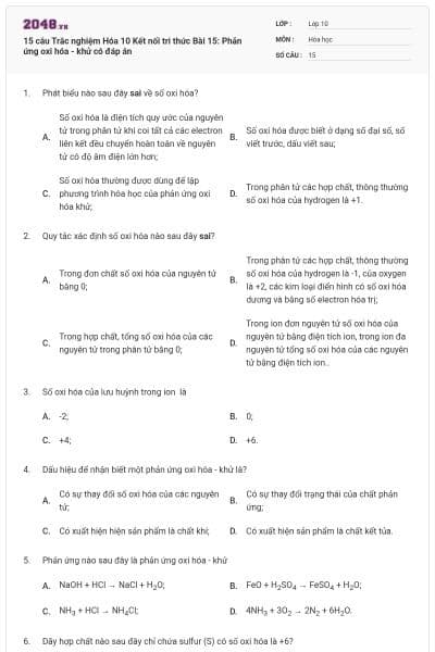 15 câu Trắc nghiệm Hóa 10 Kết nối tri thức Bài 15: Phản ứng oxi hóa - khử có đáp án