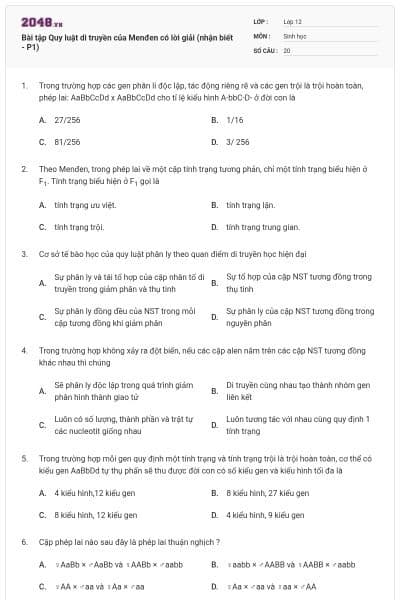 Bài tập Quy luật di truyền của Menđen có lời giải (nhận biết - P1)