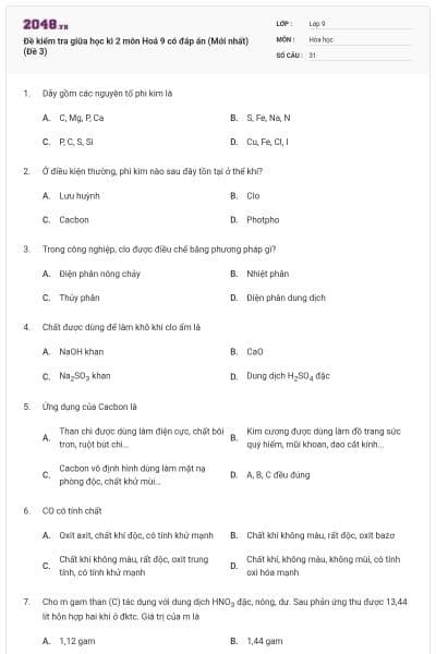 Đề kiểm tra giữa học kì 2 môn Hoá 9 có đáp án (Mới nhất) (Đề 3)