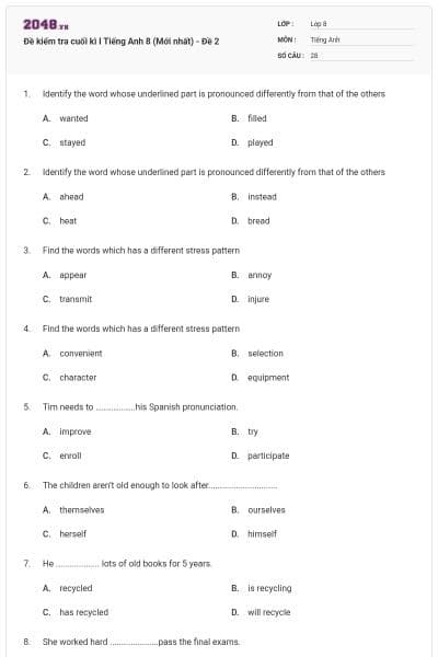 Đề kiểm tra cuối kì I Tiếng Anh 8 (Mới nhất) - Đề 2