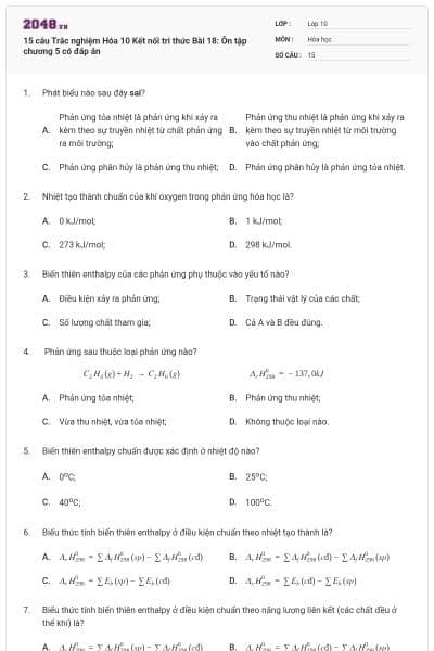 15 câu Trắc nghiệm Hóa 10 Kết nối tri thức Bài 18: Ôn tập chương 5 có đáp án