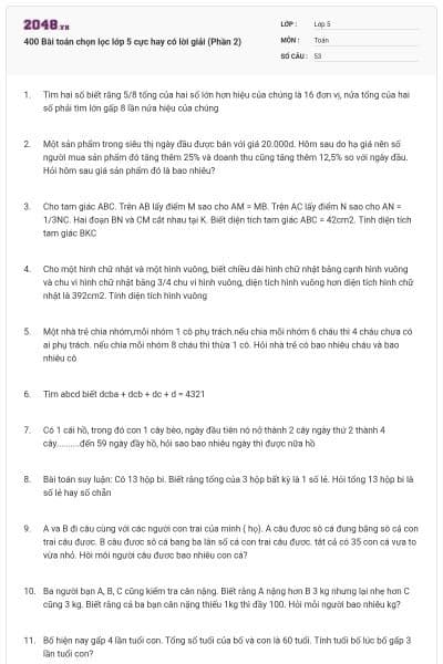400 Bài toán chọn lọc lớp 5 cực hay có lời giải (Phần 2)