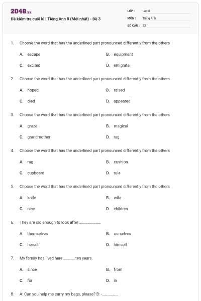 Đề kiểm tra cuối kì I Tiếng Anh 8 (Mới nhất) - Đề 3