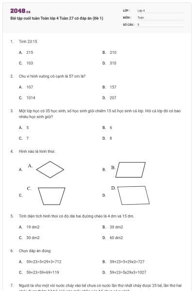Bài tập cuối tuần Toán lớp 4 Tuần 27 có đáp án (Đề 1)