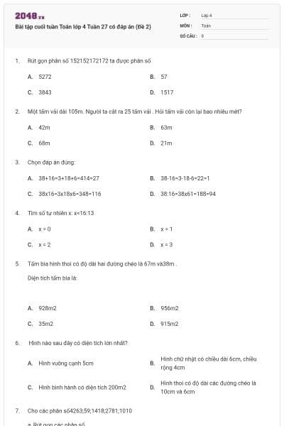 Bài tập cuối tuần Toán lớp 4 Tuần 27 có đáp án (Đề 2)