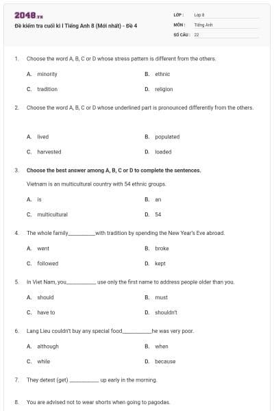 Đề kiểm tra cuối kì I Tiếng Anh 8 (Mới nhất) - Đề 4