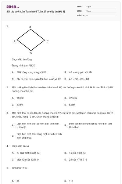 Bài tập cuối tuần Toán lớp 4 Tuần 27 có đáp án (Đề 3)