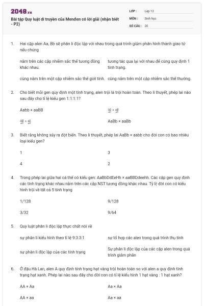 Bài tập Quy luật di truyền của Menđen có lời giải (nhận biết - P2)