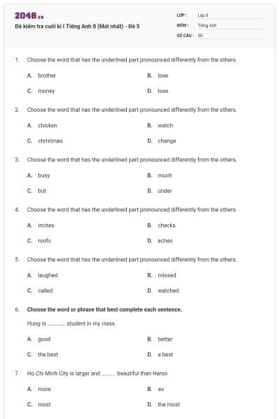 Đề kiểm tra cuối kì I Tiếng Anh 8 (Mới nhất) - Đề 5