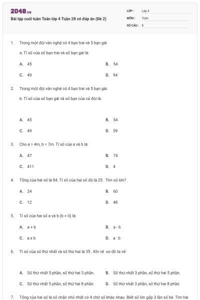 Bài tập cuối tuần Toán lớp 4 Tuần 28 có đáp án (Đề 2)