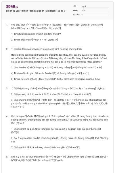 Đề ôn thi vào 10 môn Toán có đáp án (Mới nhất) - Đề số 9
