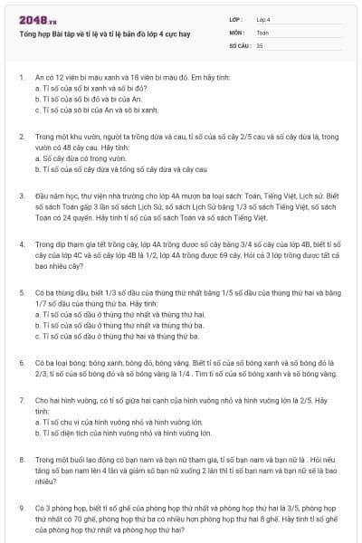 Tổng hợp Bài tâp về tỉ lệ và tỉ lệ bản đồ lớp 4 cực hay