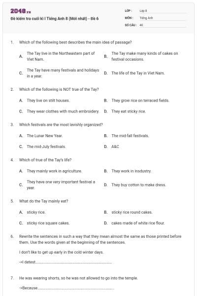 Đề kiểm tra cuối kì I Tiếng Anh 8 (Mới nhất) - Đề 6