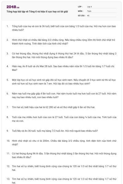 Tổng hợp bài tập về Tổng tỉ và hiệu tỉ cực hay có lời giải