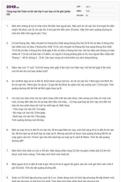 Tổng hợp bài Toán có lời văn lớp 5 cực hay có lời giải (phần 20)