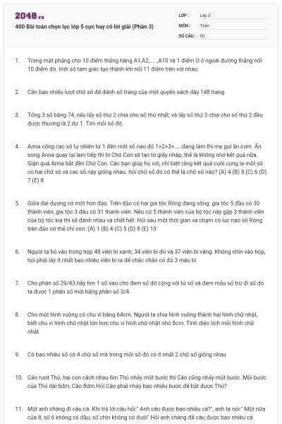 400 Bài toán chọn lọc lớp 5 cực hay có lời giải (Phần 3)