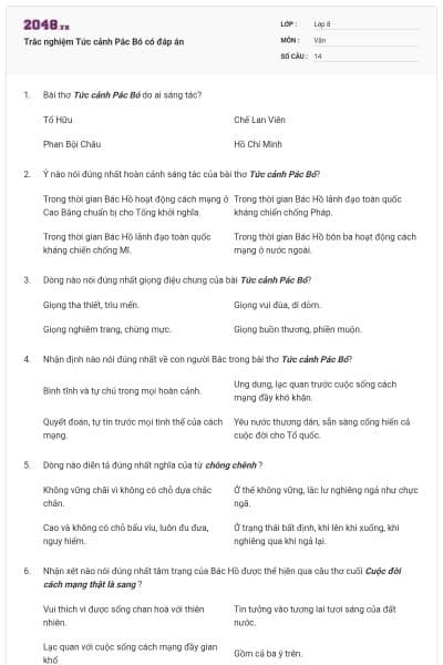 Trắc nghiệm Tức cảnh Pắc Bó có đáp án