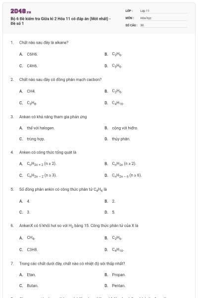 Bộ 6 Đề kiểm tra Giữa kì 2 Hóa 11 có đáp án (Mới nhất) - Đề số 1