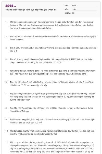 400 Bài toán chọn lọc lớp 5 cực hay có lời giải (Phần 4)