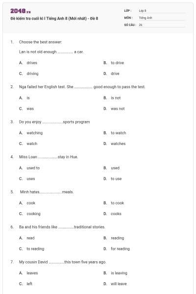 Đề kiểm tra cuối kì I Tiếng Anh 8 (Mới nhất) - Đề 8