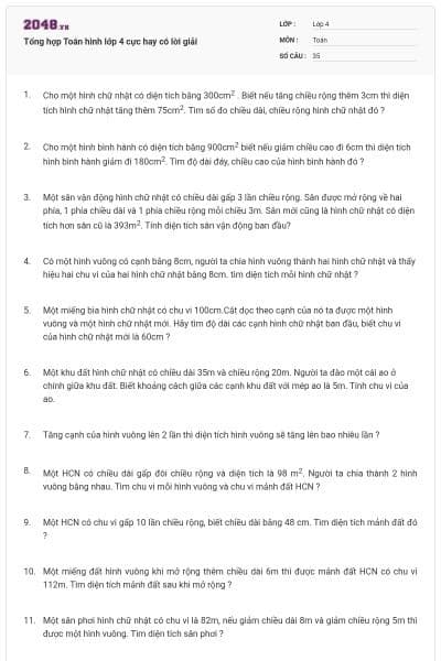 Tổng hợp Toán hình lớp 4 cực hay có lời giải