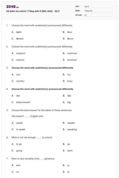 Đề kiểm tra cuối kì I Tiếng Anh 8 (Mới nhất) - Đề 9