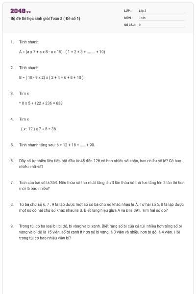 Bộ đề thi học sinh giỏi Toán 3 ( Đề số 1)