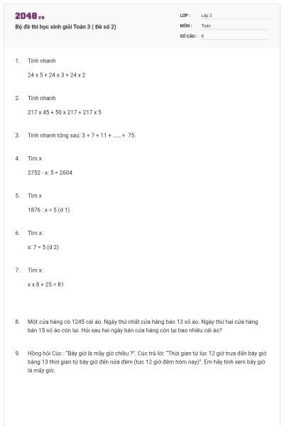 Bộ đề thi học sinh giỏi Toán 3 ( Đề số 2)