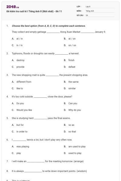 Đề kiểm tra cuối kì I Tiếng Anh 8 (Mới nhất) - Đề 11