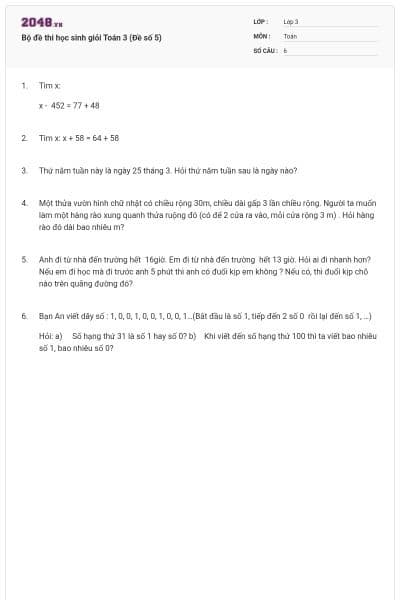 Bộ đề thi học sinh giỏi Toán 3 (Đề số 5)