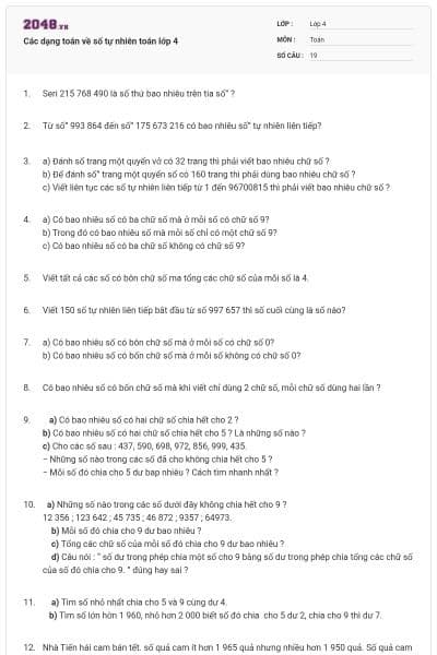 Các dạng toán về số tự nhiên toán lớp 4